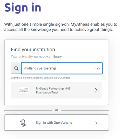 'Find your Institution' page of OpenAthens sign in process