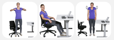 Someone at a work desk in various poses. Standing up and stretching their arms and back. Sitting comfortably in the chair. Standing rolling their shoulders forwards.