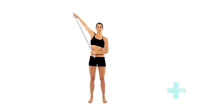 Moving image of someone standing with a stick in their hands and using the stick to push their arm up to the side and above their head