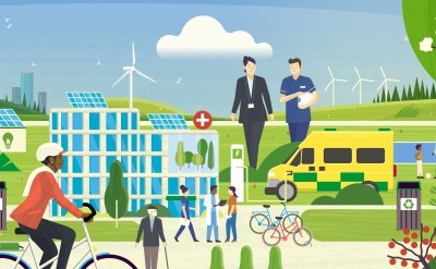 Cartoon image showing how green initiatives such as wind turbines, solar panels, recycling bins and electric vehicles can be built into healthcare to help achieve Net Zero emissions.