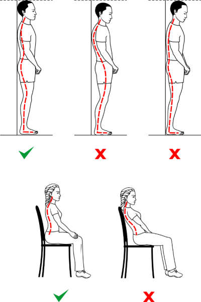 Image shows the correct posture for standing and sitting