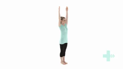 someone showing an example of Shoulder Elevation by lifting their arms up in front of them and above their head.